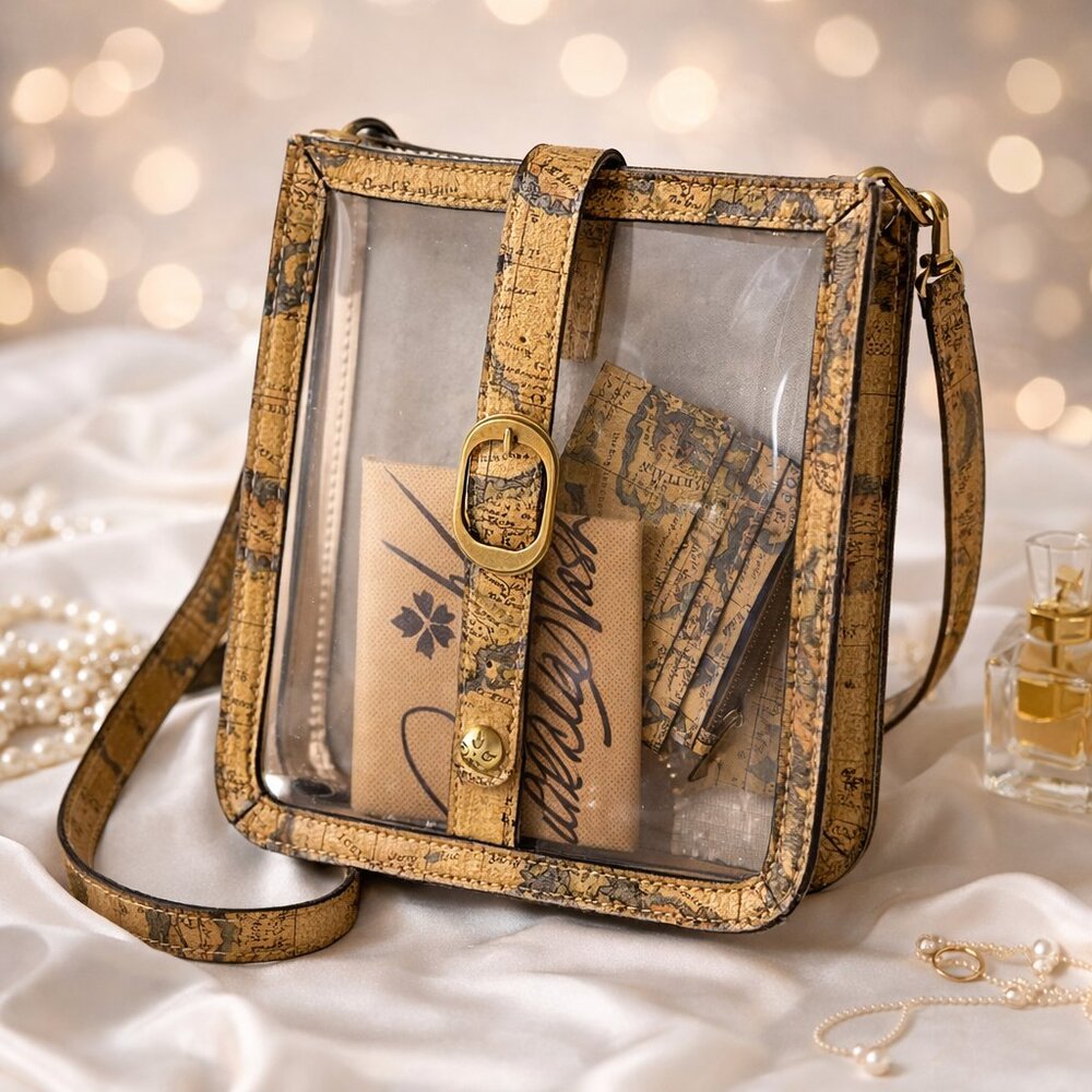 2 in 1 Patricia Nash Clear Leather Trim Venezia Crossbody Bag Tan w Card Case